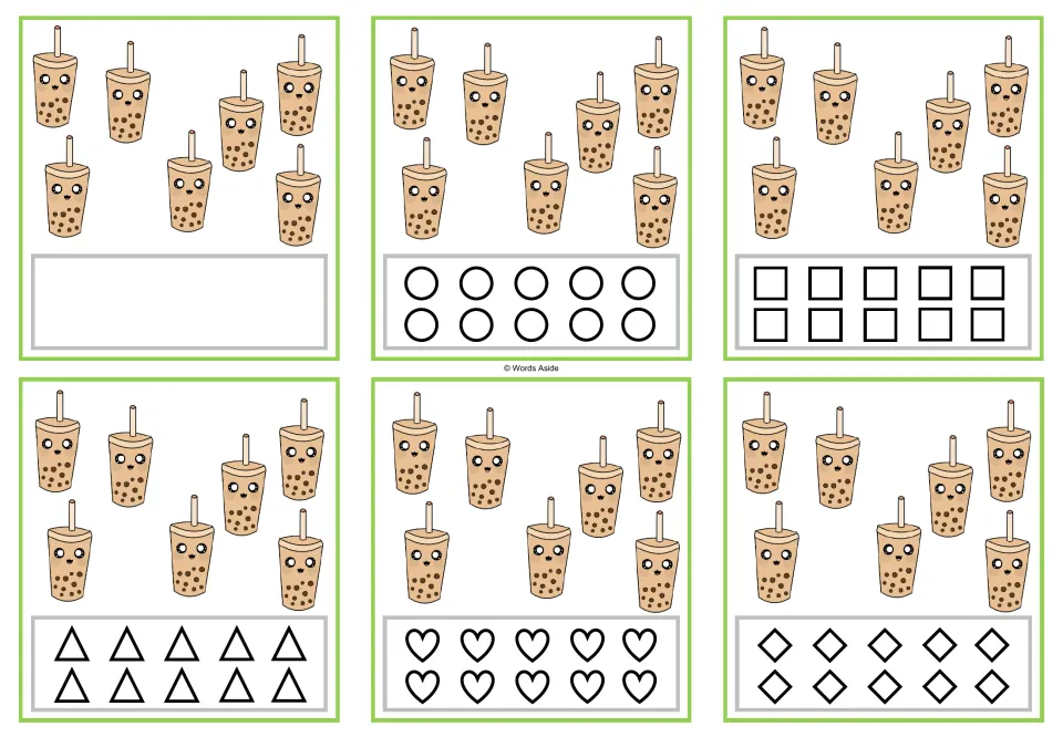 Six counting cards for 7 show seven bubble teas each, with one blank-response card and five shape-coloring cards.