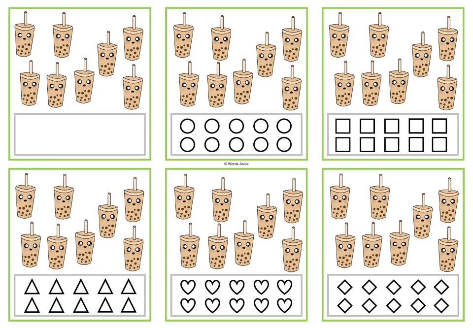 Six counting cards for 8 show eight bubble teas each, with one blank-response card and five shape-coloring cards.