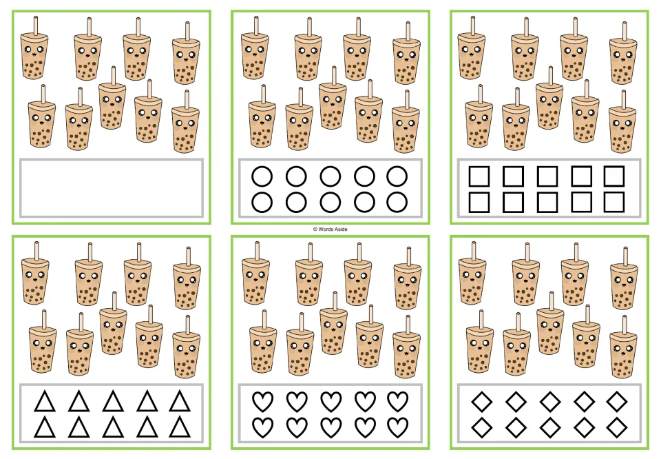 Six counting cards for 9 show nine bubble teas each, with one blank-response card and five shape-coloring cards.