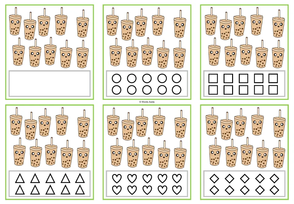 Six counting cards for 10 show ten bubble teas each, with one blank-response card and five shape-coloring cards.