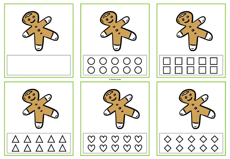 Six counting task cards showing one gingerbread cookie each; coloring options include circles and squares.