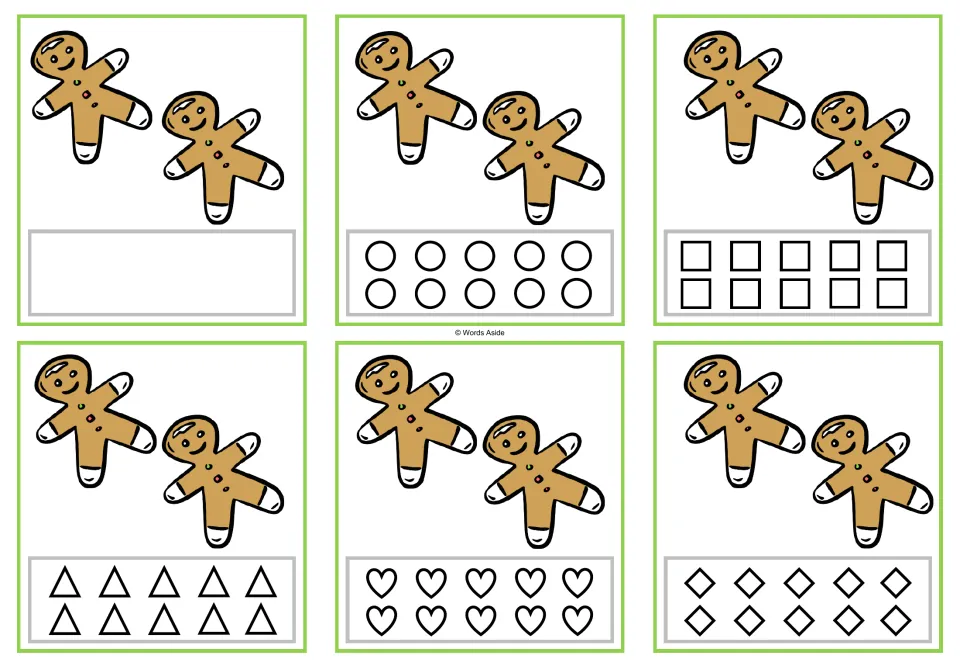 Six counting task cards showing two gingerbread cookies each; coloring options include circles and squares.