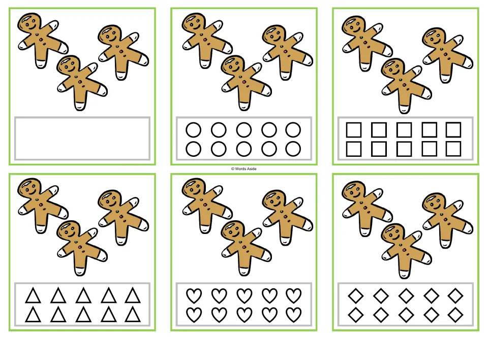Six counting task cards showing three gingerbread cookies each; coloring options include circles and squares.