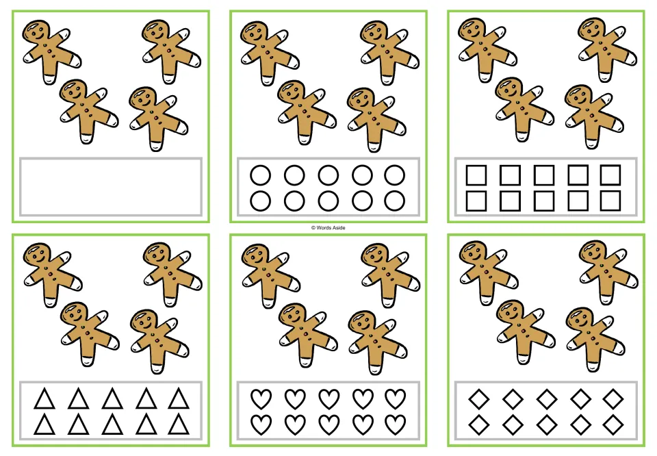 Six counting task cards showing four gingerbread cookies each; coloring options include circles and squares.