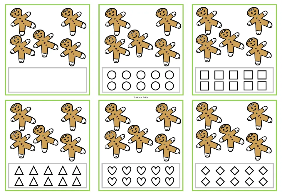 Six counting task cards showing five gingerbread cookies each; coloring options include circles and squares.