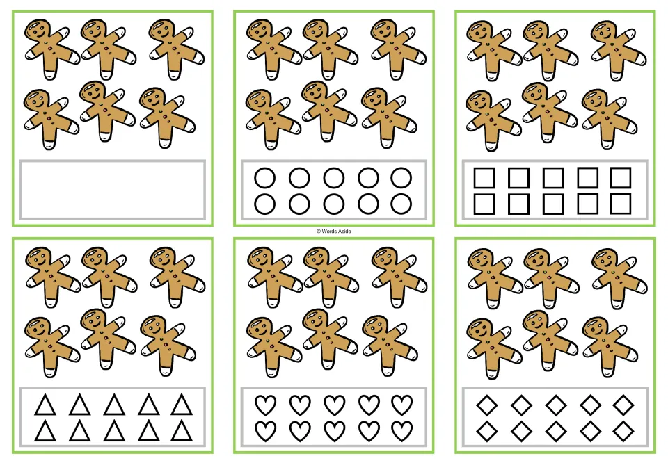 Six counting task cards showing six gingerbread cookies each; coloring options include circles and squares.