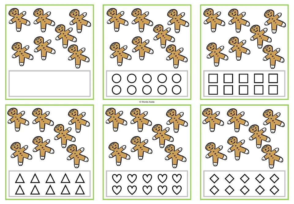 Six counting task cards showing seven gingerbread cookies each; coloring options include circles and squares.