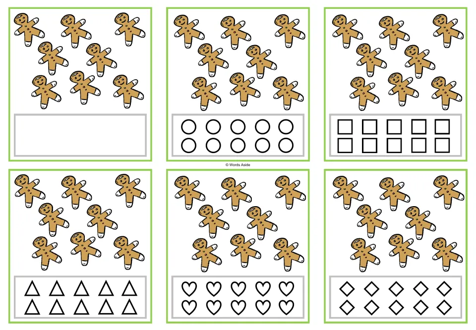 Six counting task cards showing eight gingerbread cookies each; coloring options include circles and squares.
