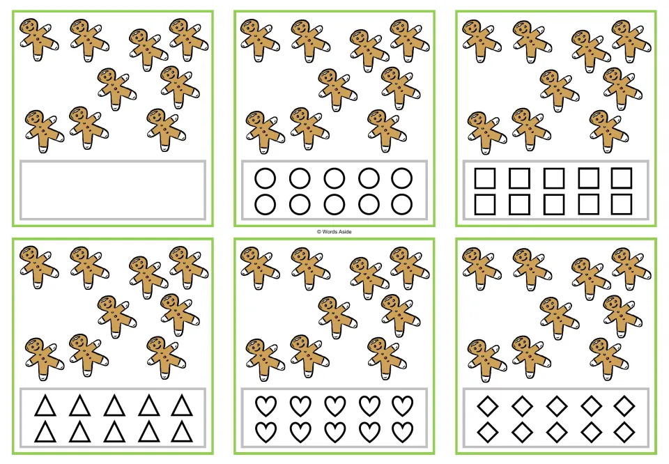 Six counting task cards showing nine gingerbread cookies each; coloring options include circles and squares.
