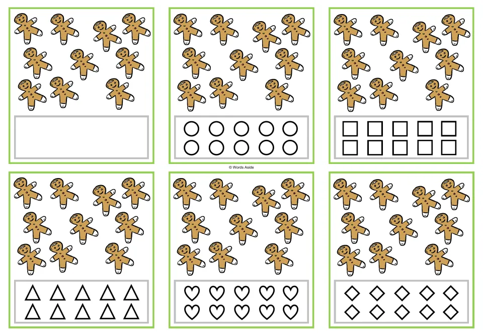 Six counting task cards showing ten gingerbread cookies each; coloring options include circles and squares.