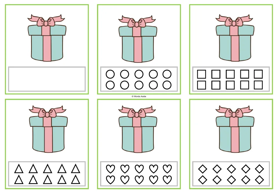 Counting task cards showing 1 present each: one free-response card and five versions with 10 shapes to color.