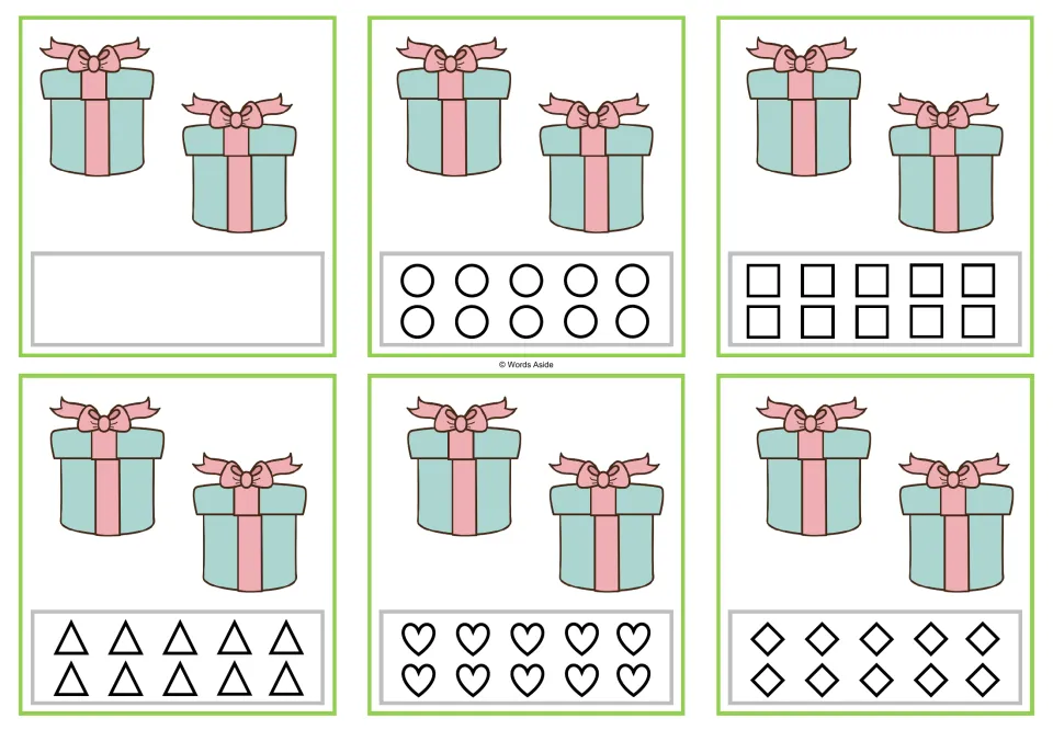 Counting task cards showing 2 presents each: one free-response card and five versions with 10 shapes to color.