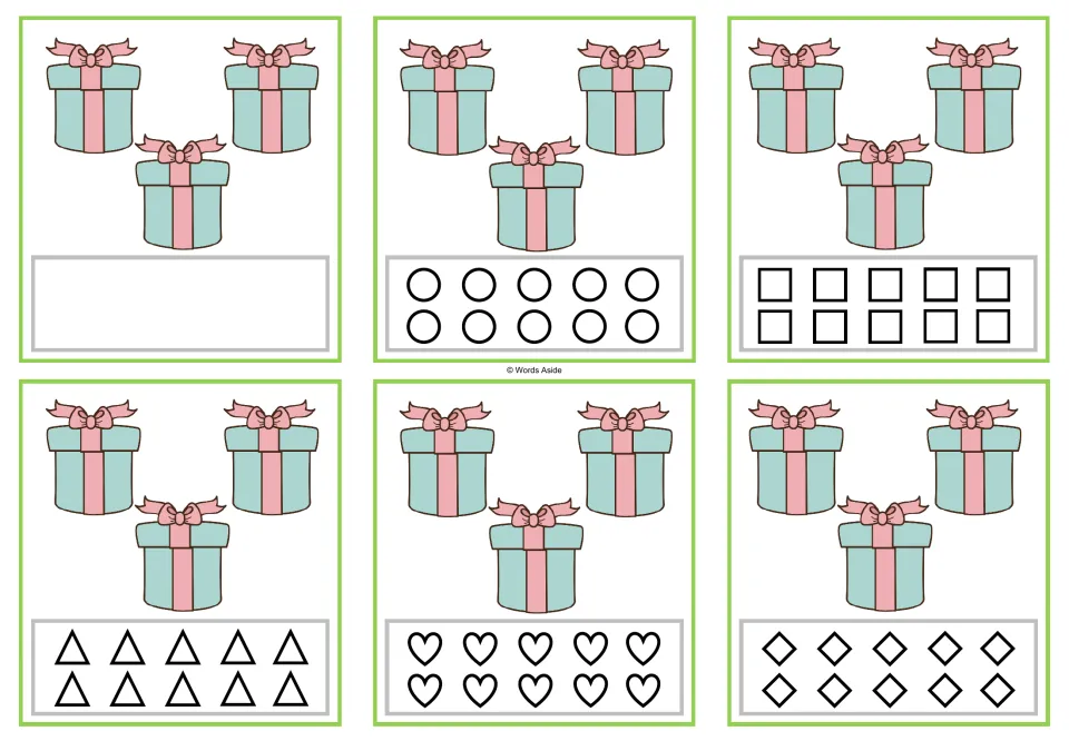 Counting task cards showing 3 presents each: one free-response card and five versions with 10 shapes to color.