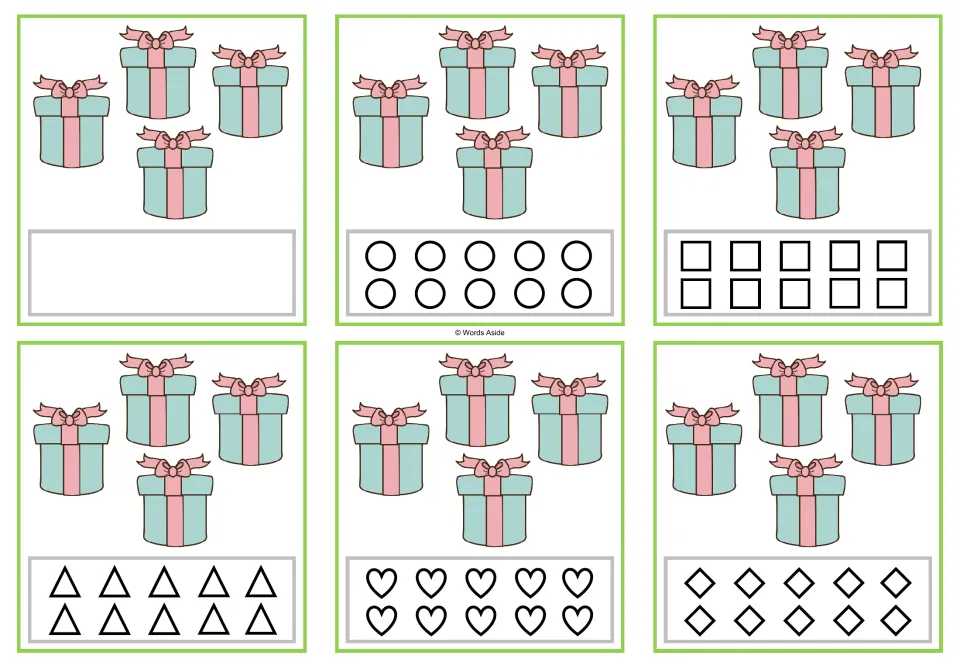 Counting task cards showing 4 presents each: one free-response card and five versions with 10 shapes to color.