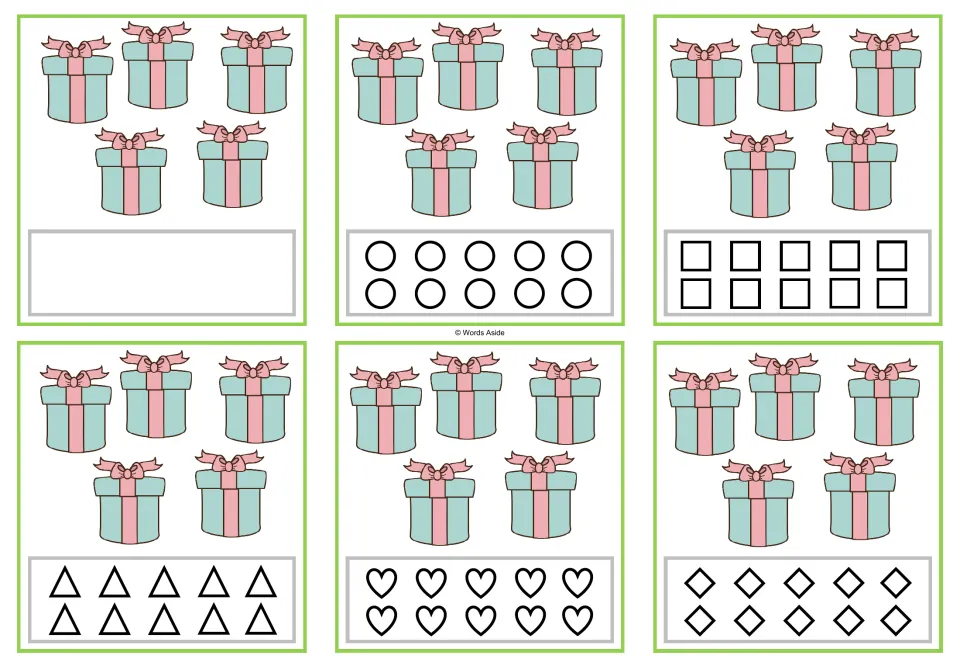Counting task cards showing 5 presents each: one free-response card and five versions with 10 shapes to color.