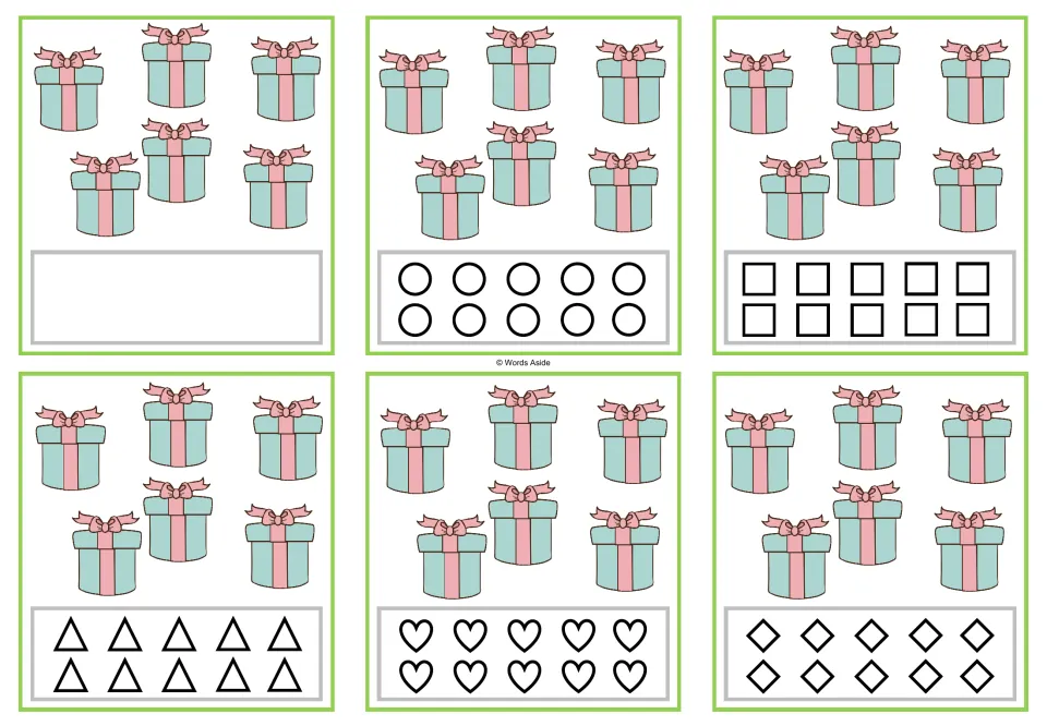 Counting task cards showing 6 presents each: one free-response card and five versions with 10 shapes to color.