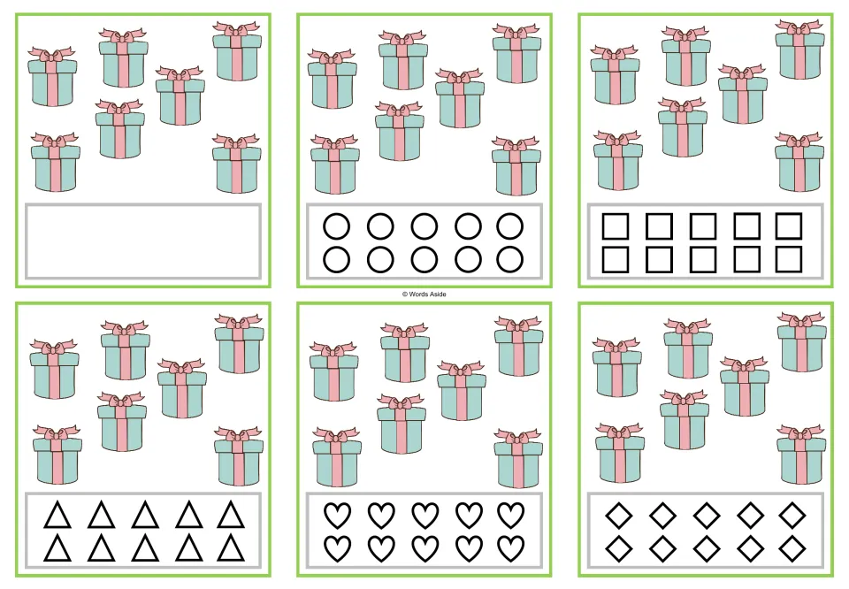 Counting task cards showing 7 presents each: one free-response card and five versions with 10 shapes to color.