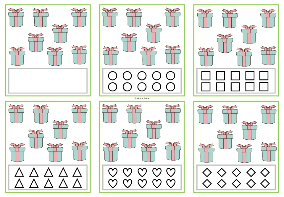 Counting task cards showing 8 presents each: one free-response card and five versions with 10 shapes to color.