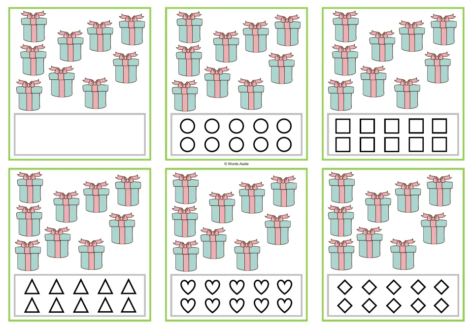 Counting task cards showing 9 presents each: one free-response card and five versions with 10 shapes to color.