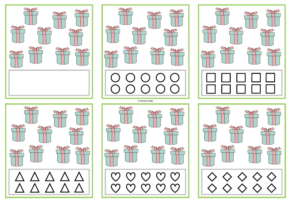 Counting task cards showing 10 presents each: one free-response card and five versions with 10 shapes to color.