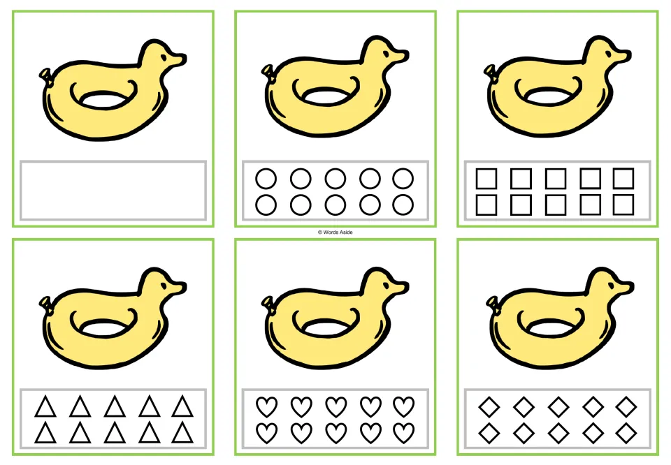 Counting task cards for 1: six cards showing one duck float, with a blank space or ten shapes to color.