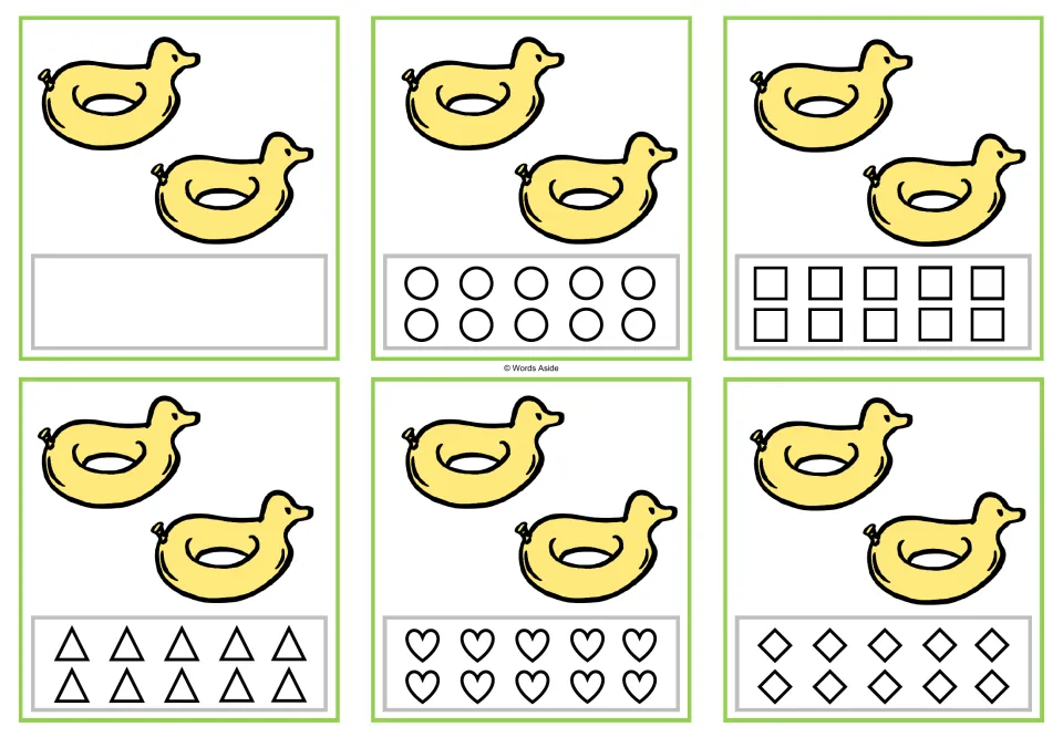 Counting task cards for 2: six cards showing two duck floats, with a blank space or ten shapes to color.