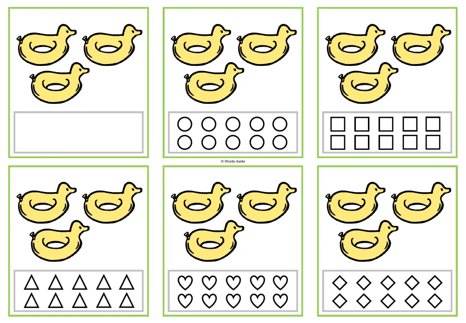 Counting task cards for 3: six cards showing three duck floats, with a blank space or ten shapes to color.