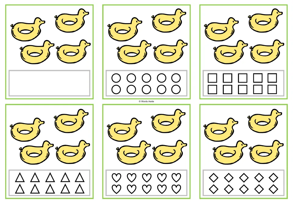 Counting task cards for 4: six cards showing four duck floats, with a blank space or ten shapes to color.