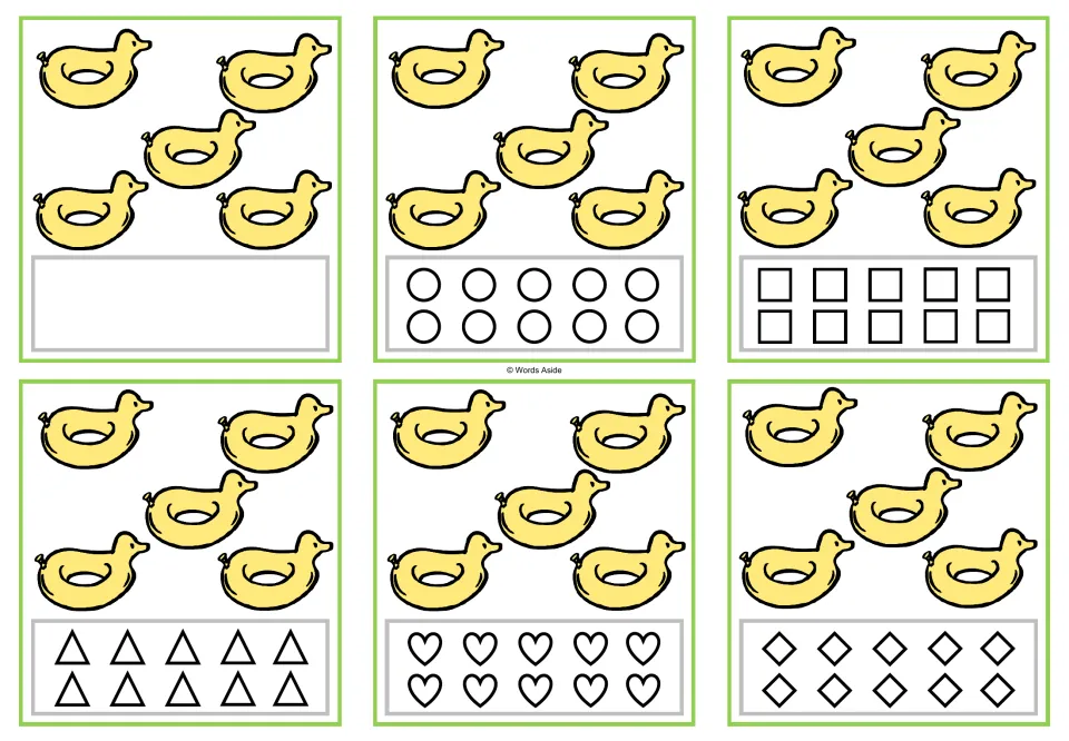 Counting task cards for 5: six cards showing five duck floats, with a blank space or ten shapes to color.