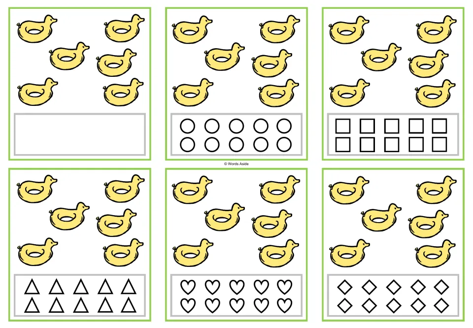 Counting task cards for 6: six cards showing six duck floats, with a blank space or ten shapes to color.