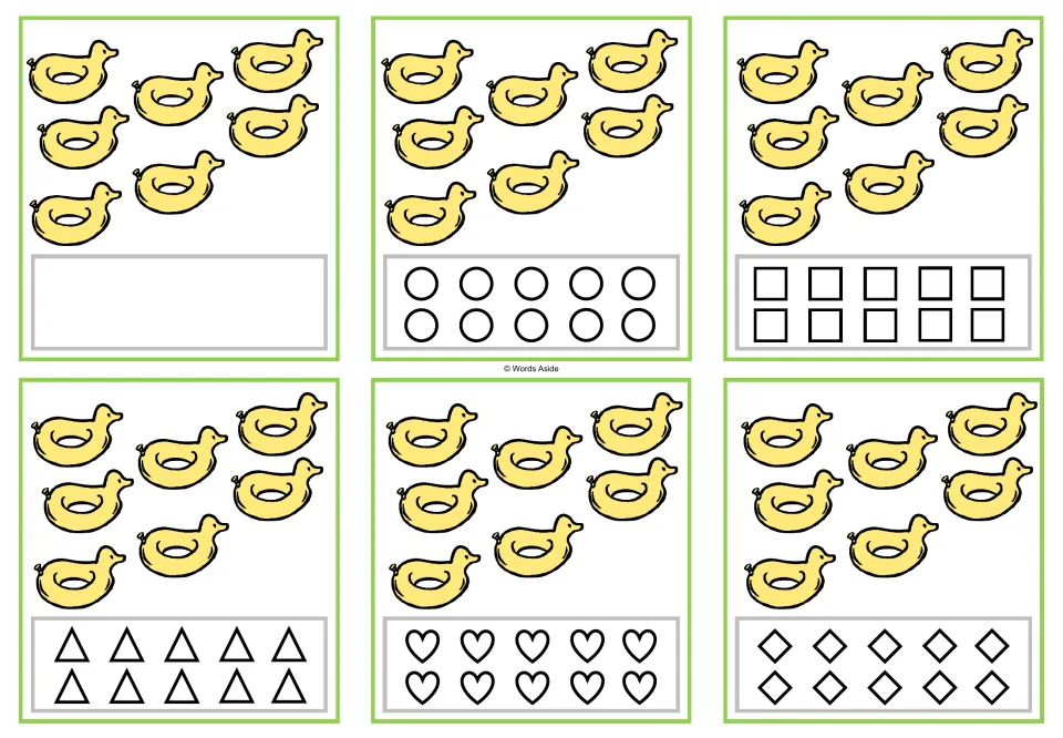 Counting task cards for 7: six cards showing seven duck floats, with a blank space or ten shapes to color.