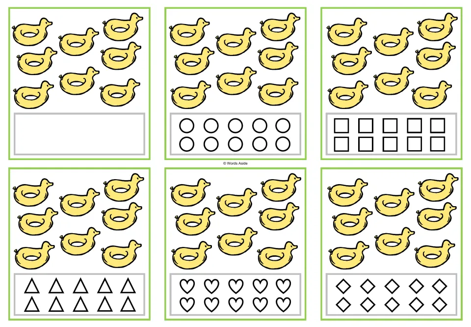 Counting task cards for 8: six cards showing eight duck floats, with a blank space or ten shapes to color.