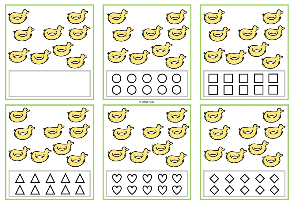 Counting task cards for 9: six cards showing nine duck floats, with a blank space or ten shapes to color.