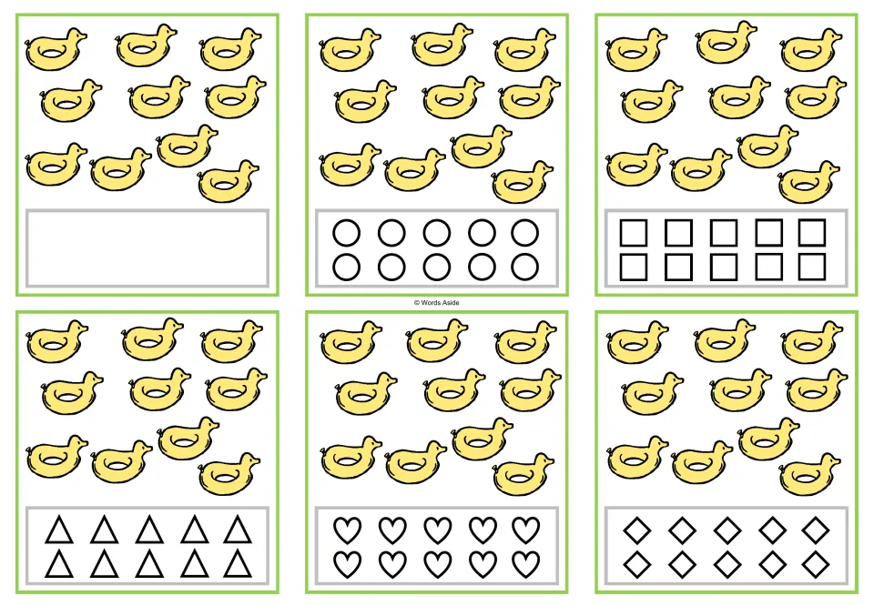 Counting task cards for 10: six cards showing ten duck floats, with a blank space or ten shapes to color.