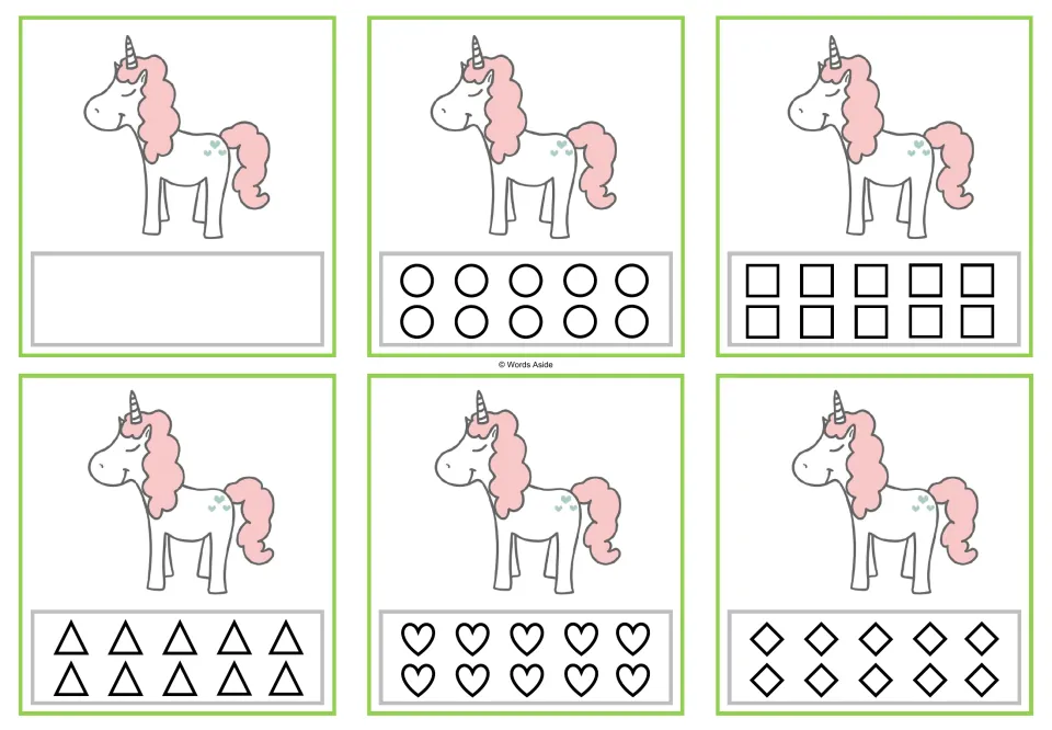Six counting cards for 1: one unicorn each, with a blank response option or 10 matching shapes to color.