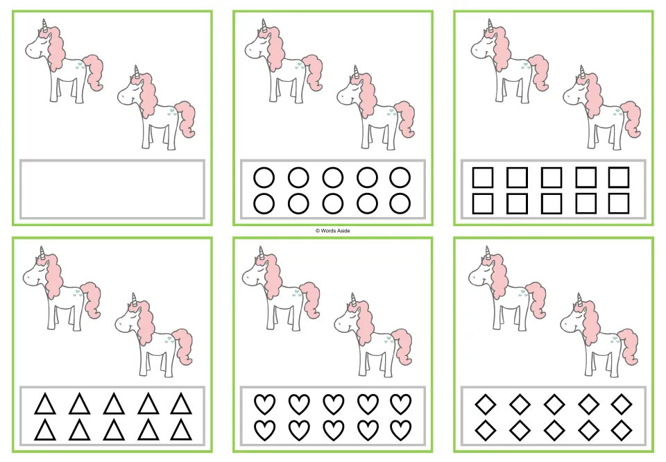 Six counting cards for 2: two unicorns each, with a blank response option or 10 matching shapes to color.
