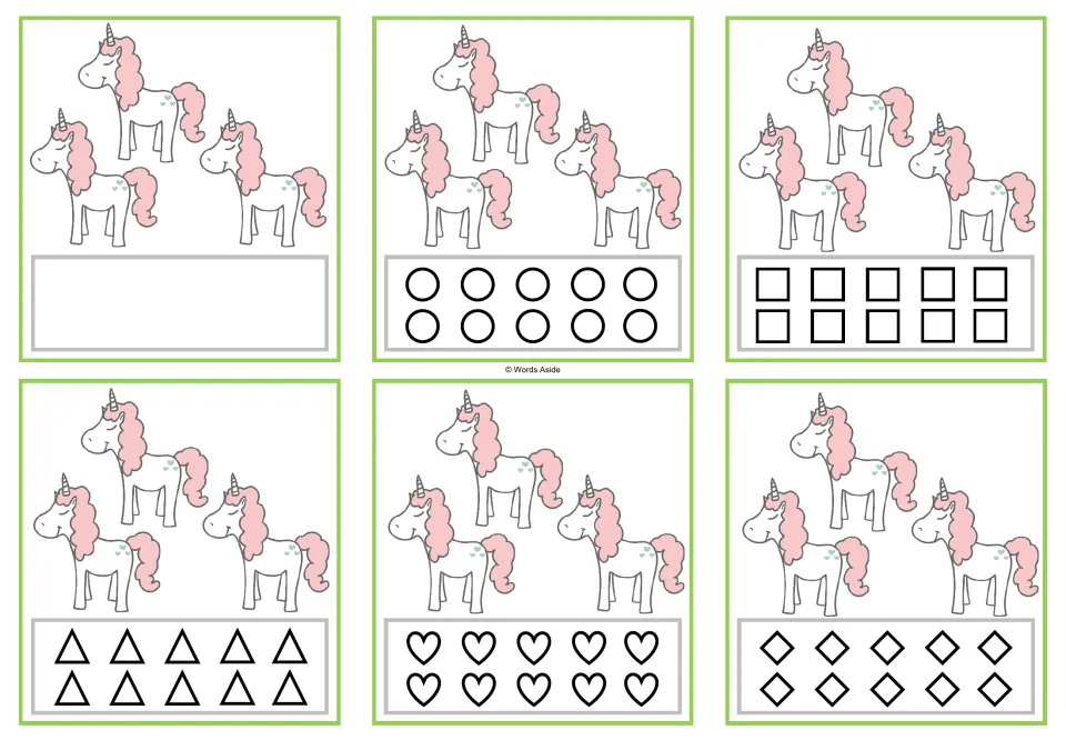 Six counting cards for 3: three unicorns each, with a blank response option or 10 matching shapes to color.