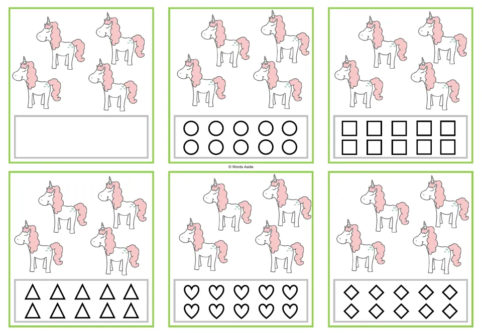 Six counting cards for 4: four unicorns each, with a blank response option or 10 matching shapes to color.