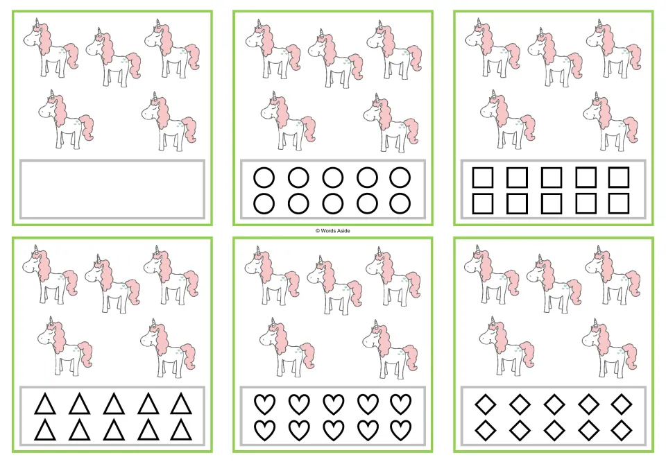 Six counting cards for 5: five unicorns each, with a blank response option or 10 matching shapes to color.