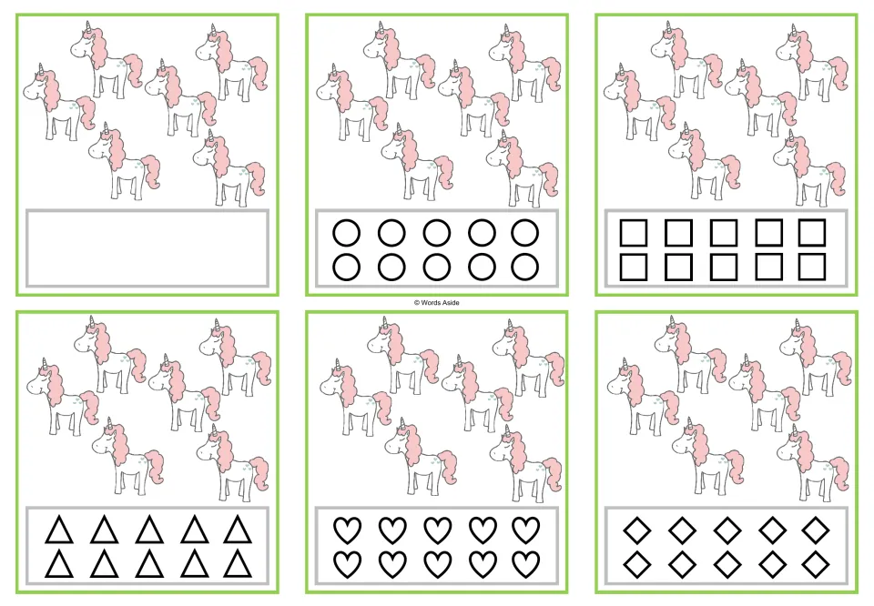 Six counting cards for 6: six unicorns each, with a blank response option or 10 matching shapes to color.