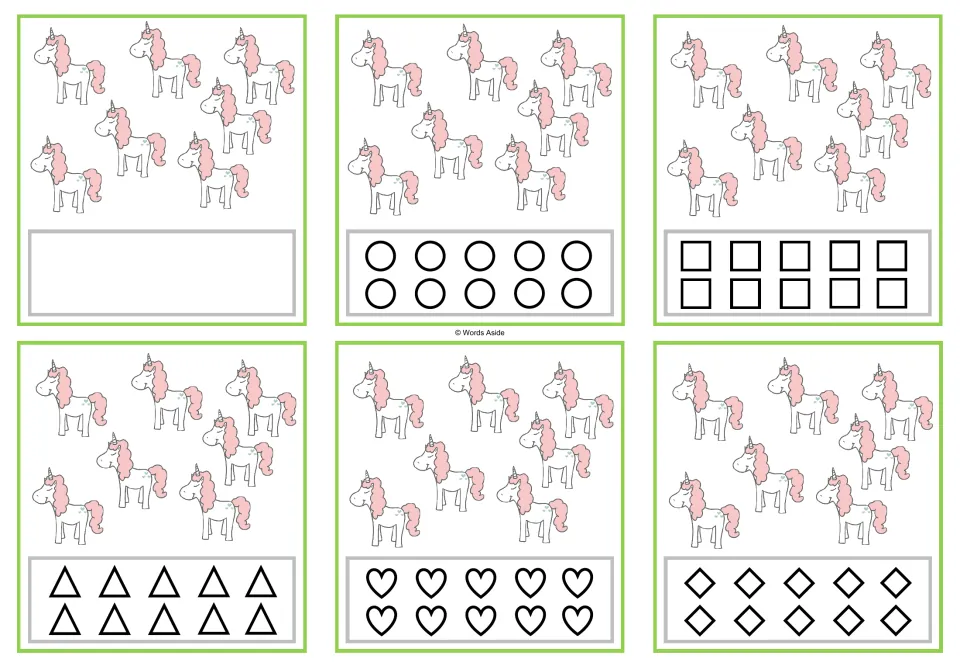 Six counting cards for 7: seven unicorns each, with a blank response option or 10 matching shapes to color.