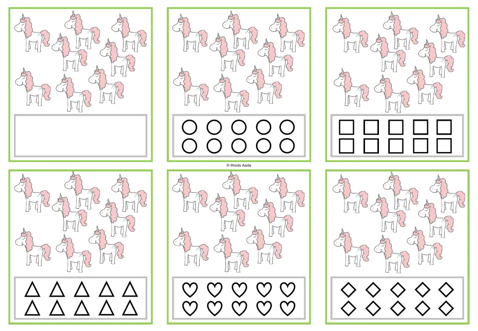 Six counting cards for 8: eight unicorns each, with a blank response option or 10 matching shapes to color.