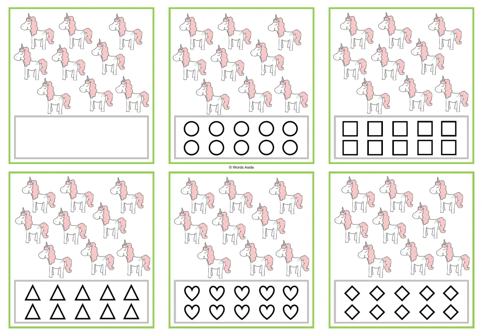 Six counting cards for 9: nine unicorns each, with a blank response option or 10 matching shapes to color.