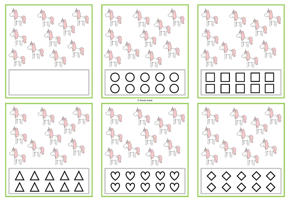 Six counting cards for 10: ten unicorns each, with a blank response option or 10 matching shapes to color.
