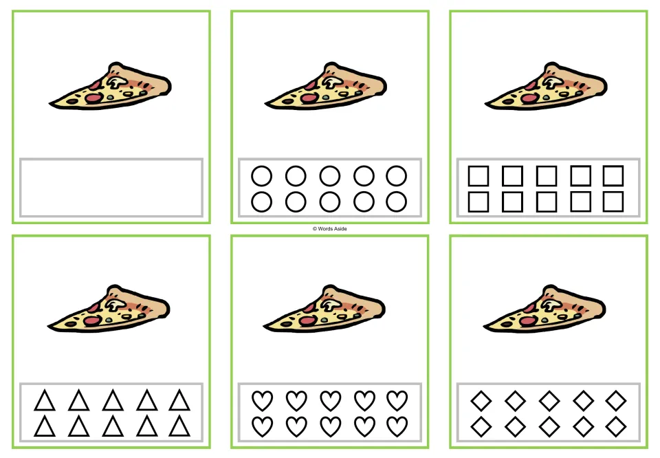 Six counting cards show 1 pizza slice each; five versions have shapes to color and one has a blank response.