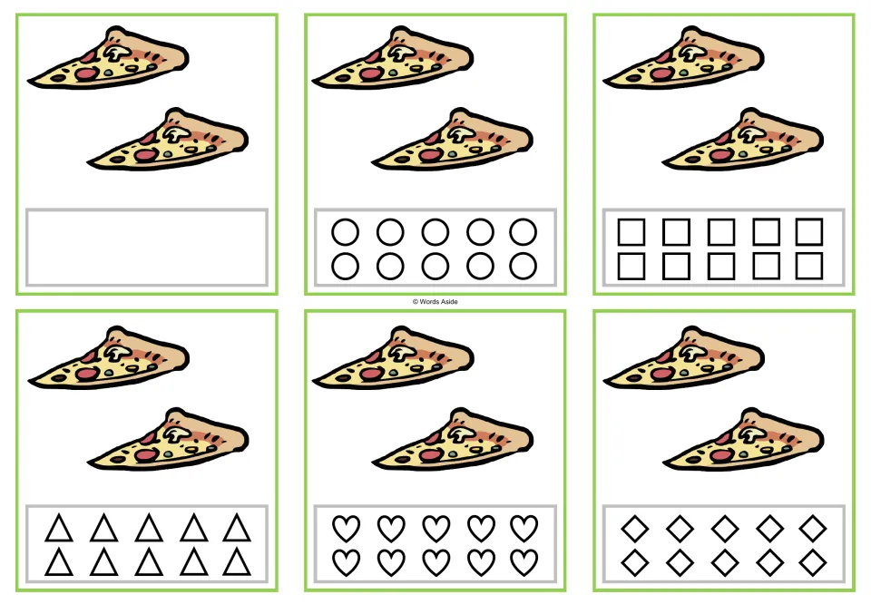 Six counting cards show 2 pizza slices each; five versions have shapes to color and one has a blank response.