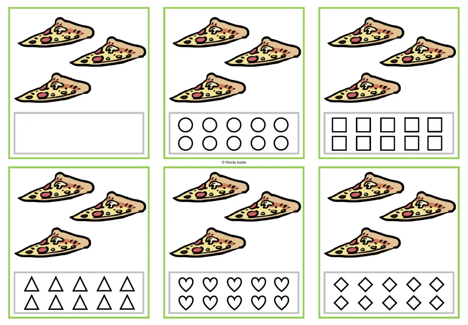 Six counting cards show 3 pizza slices each; five versions have shapes to color and one has a blank response.