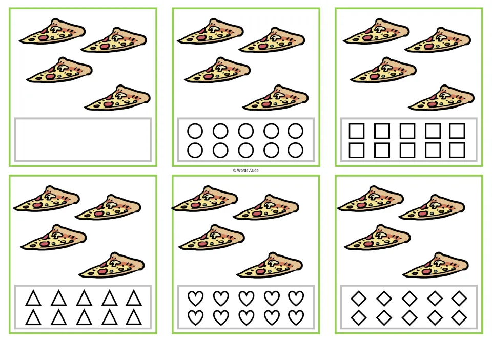 Six counting cards show 4 pizza slices each; five versions have shapes to color and one has a blank response.