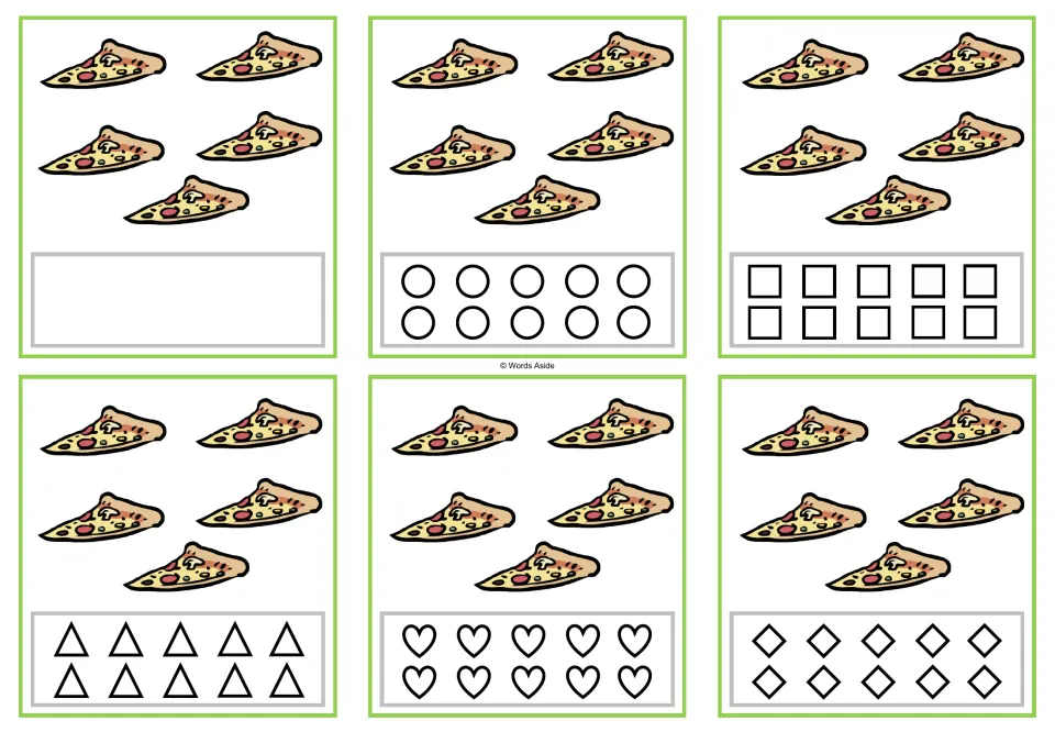 Six counting cards show 5 pizza slices each; five versions have shapes to color and one has a blank response.