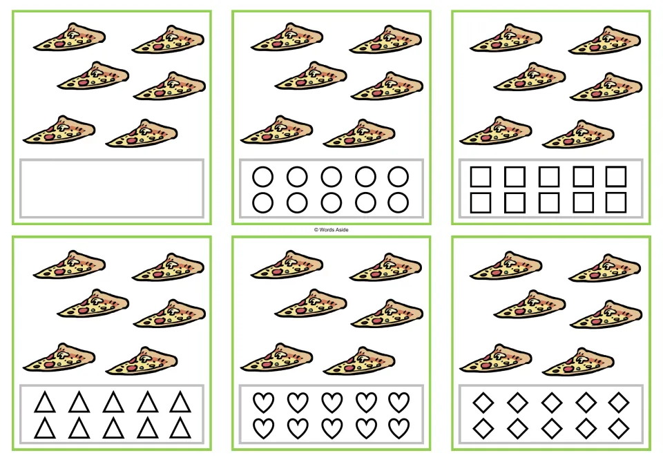 Six counting cards show 6 pizza slices each; five versions have shapes to color and one has a blank response.
